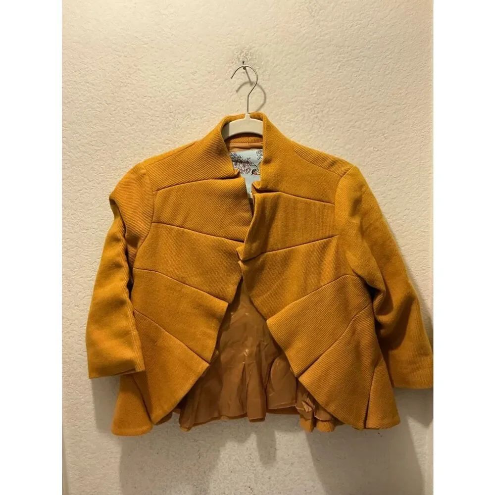 Anthropologie Tabitha Mustard Textured Short Open Blazer size 10